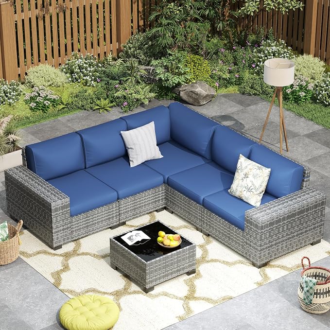 Outdoor Patio Furniture Set, 8'' Wide armrest Outdoor Sectional Rattan Sofa Set, Wicker Patio Furniture Sets w/Coffee Table,Thick Cushions and Cover for Porch, Balcony,Deck 6 PCS(Grey&Navy)