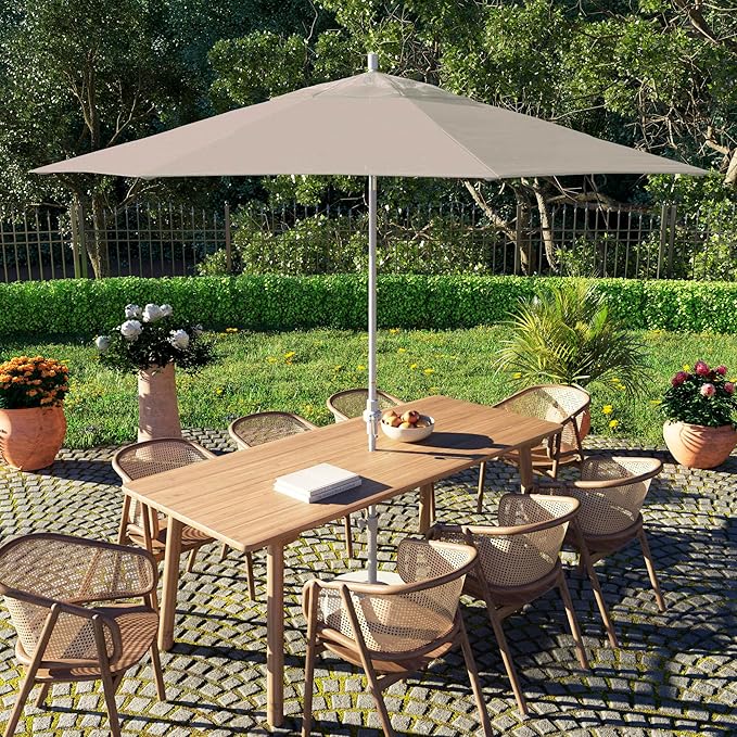 California Umbrella 11Ft Fiberglass Rib Patio Umbrella, Hand-Crank, Tilt-Collar, White Frame, Solution Dyed Beige Fabric