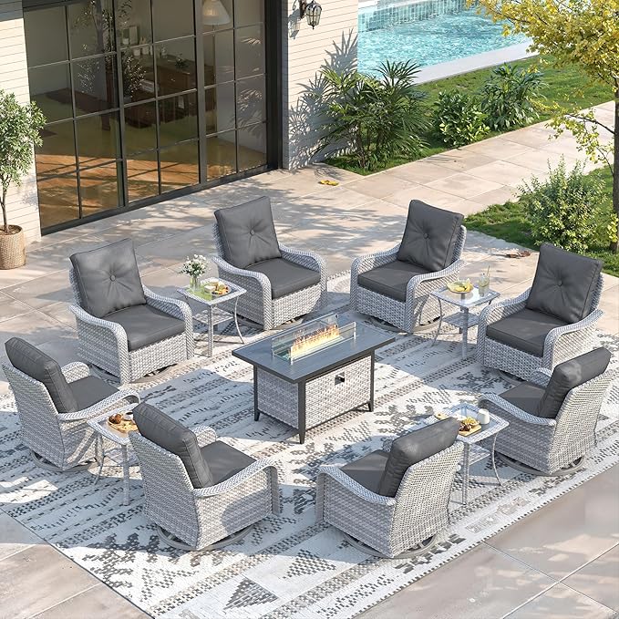 13 Piece Wicker Patio Furniture Set with 55,000 BTU Fire Pit Table, Swivel Rocking Chairs, 4''Cushions, PE Rattan, Wind Guard Glass, for Backyard, Deck or Balcony, Black
