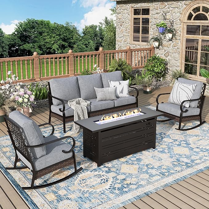 Patio Furniture Set with Fire Pit Table, 4 PCS Metal Outdoor Conversation Set with 5.75'' Extra Thick Cushion, 2 Rocking Chairs, 3-Seat Sofa and Gas Fire Pit Table, Grey