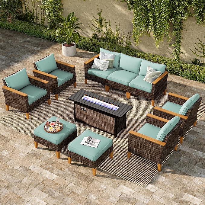 PHI VILLA 9-Seat Outdoor Wicker Furniture Set with 4-inch Thick Cushions, High Back Wicker Sofa with Gas Fire Pit Table for Cozy Patio Conversations in Elegant Blue (3 Seat Sofa)