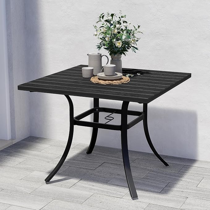 Grand patio Outdoor 37-Inch Square Dining Table Weather-Resistant Picnic Table Embossed Woodgrain with 1.5”Market Umbrella Hole for Garden, Lawn, Backyard