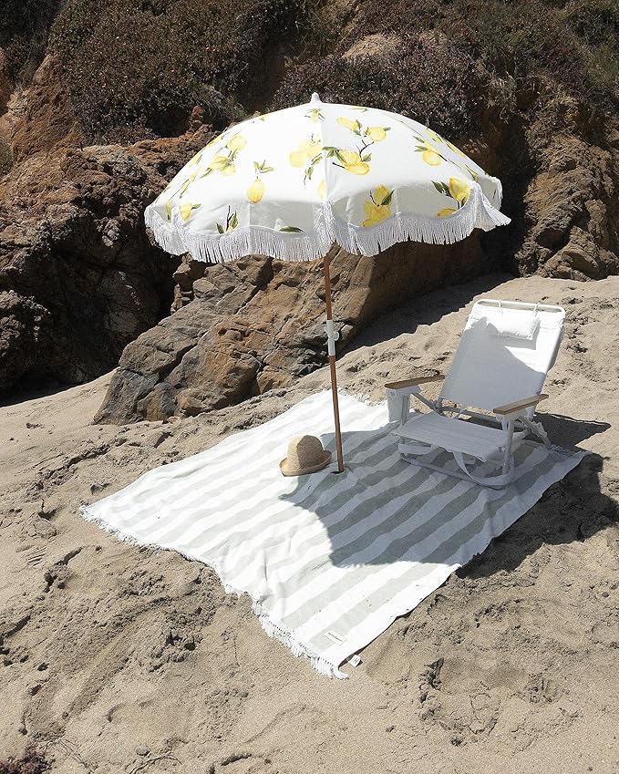 Business & Pleasure Co. Holiday Umbrella - Boho Beach Umbrella with White Fringe, UPF 50+, 1" Tilting Wood Pole, 5’ x 6.5’, Vintage Lemons