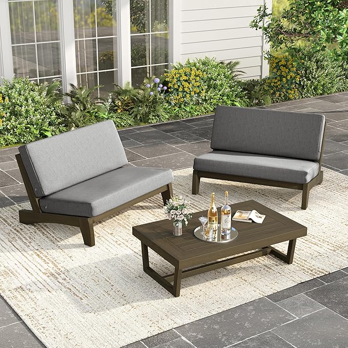 UIXE Wood Patio Furniture Sets, 3 Pieces All Weather Patio Loveseat Sofa Outdoor Sectional Futniture Backyard Conversation Set with Solid Wooden Coffee Table - Light Gray