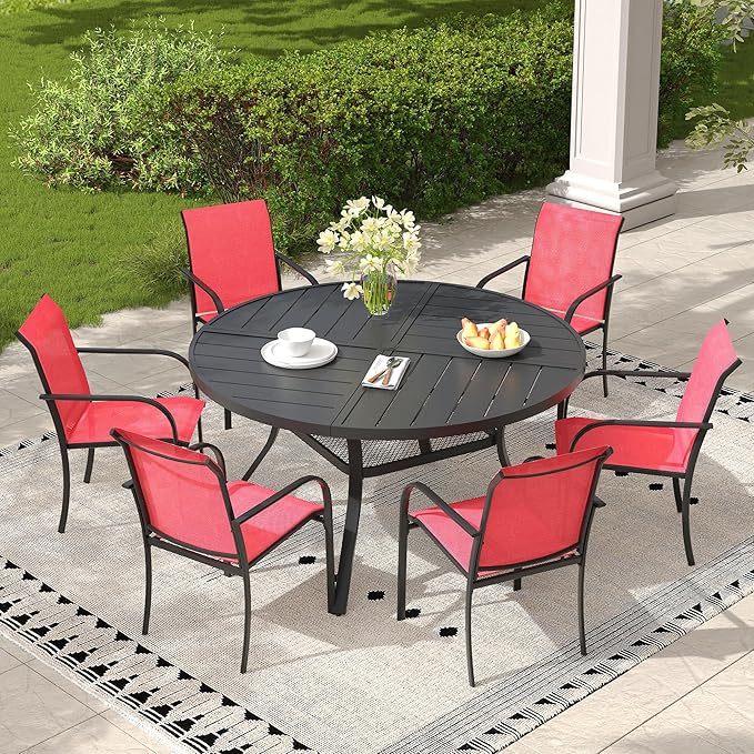 7 Pieces Outdoor Dining Set, Stackable Textilene Paito Chairs & 47.1" Round Dining Table with Umbrella Hole and Shelf, Patio Dining Set for Backyard, Deck, Garden, Red & Black