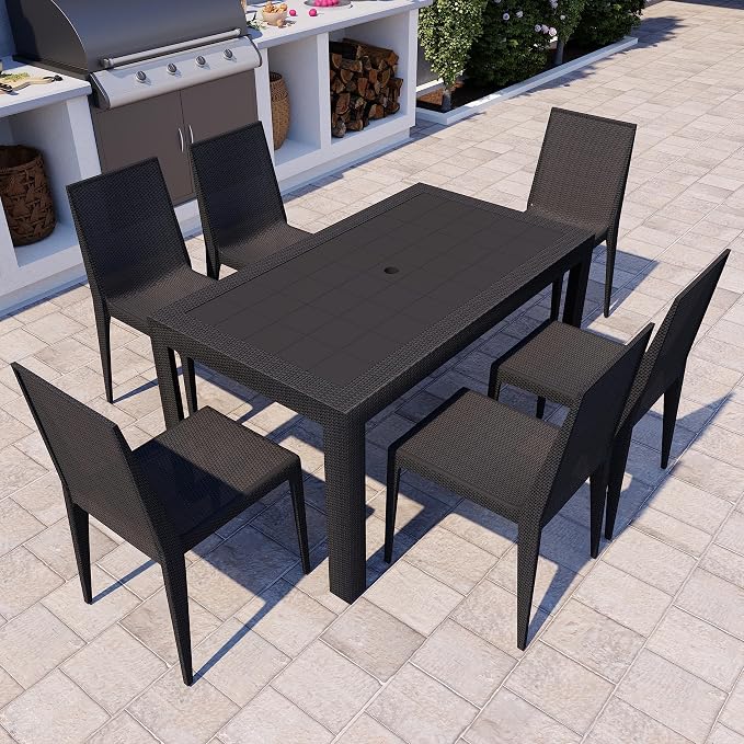 LeisureMod Mace Modern Weave Design Outdoor Patio Rectangle Dining Table (Black)