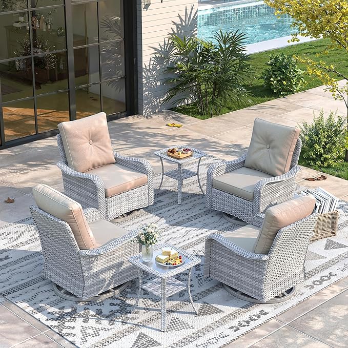 6 Piece Wicker Patio Furniture Set, Swivel Rocking Chairs with 4''Cushions, PE Rattan, Rust Resistant Frame, Double Layer Glass Side Table, for Backyard, Deck or Balcony, Beige