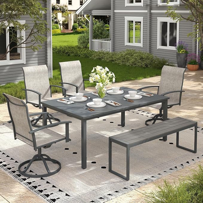 6 Pieces Patio Dining Set with Outdoor Bench, 63" Rectangular Patio Dining Table and Swivel Chairs for 6-7 People, Outdoor Furniture Set for Garden Deck, Grey & Dark Grey