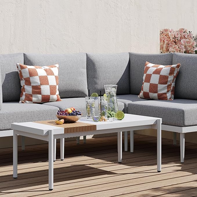 Metal Patio Furniture Set, 3 Pieces Outdoor Sectional Sofa Sets with Coffee Table, 6" Thick Cushion Modular Outdoor Conversation Set for Balcony, Patio & Courtyard (Gray/White)