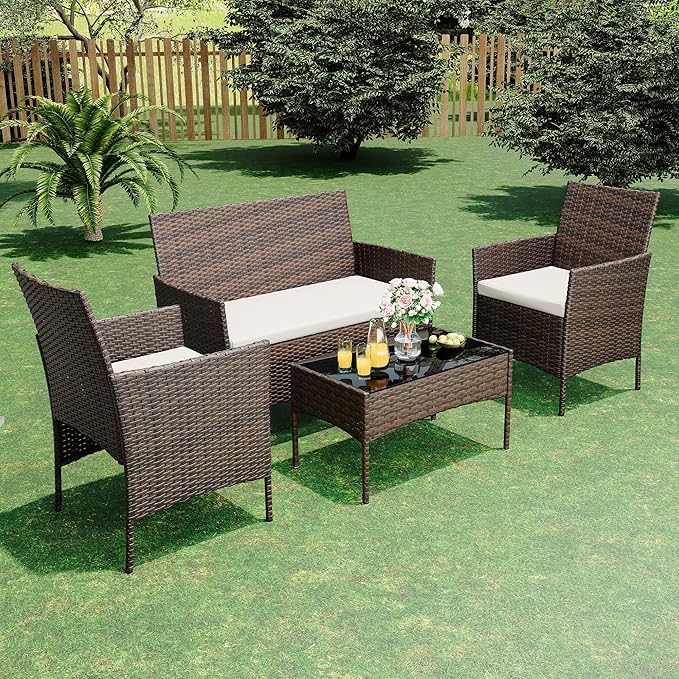 4 Piece Outdoor Patio Furniture Set,Wicker Rattan Conversation Set, Bistro Patio Set with 2 Chairs,Soft Cushion,Loveseat and 1 Glass Coffee Table for Backyard Porch Garden Poolside Balcony,Brown/Beige
