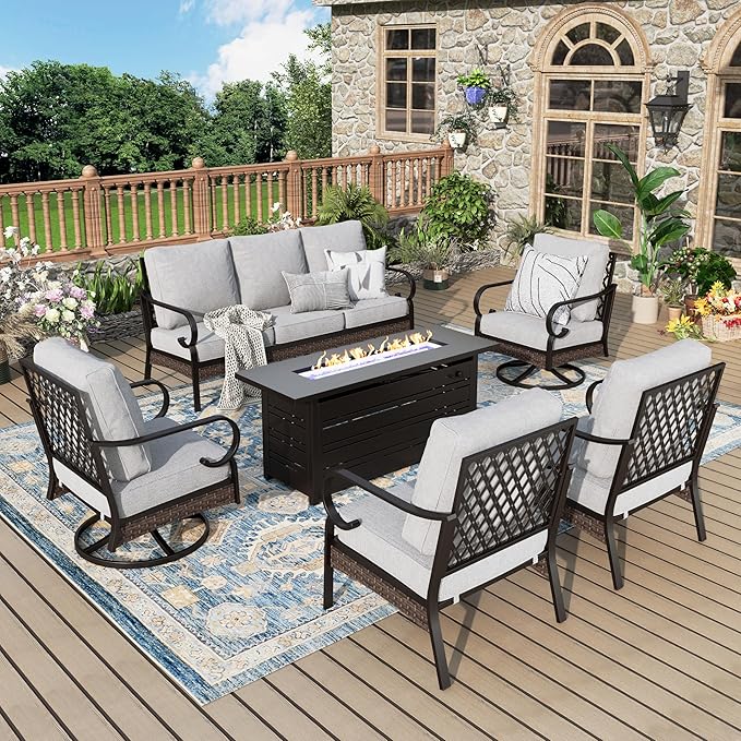 Patio Furniture Set with Fire Pit Table, Metal Outdoor Conversation Set with 5.75'' Extra Thick Cushion, 2 Swivel Chairs, 2 Leg Chairs, 3-Seat Sofa and Gas Fire Pit Table, Light Grey
