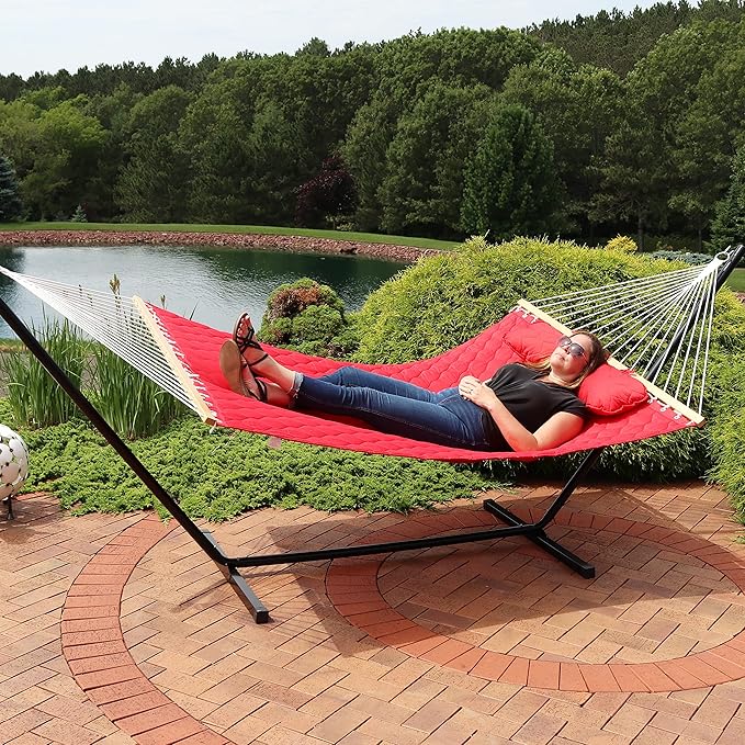 Sunnydaze Quilted Fabric Double Hammock with 12-Foot Stand - 400-Pound Capacity - Black Stand - Red