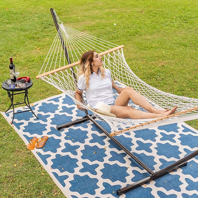 Lazy Daze Hammocks 2 Person Portable Hammock with 12FT Stand, Double Traditional Hand Woven Cotton Rope Hammock and Pillow for Outside, 450lbs Weight Capacity for Patio Backyard