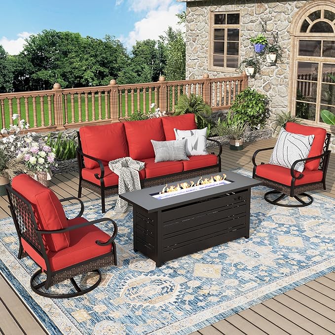 Patio Furniture Set with Firepit Table, Black Frame Outdoor Conversation Set with 2 x Swivel Chairs, 1 x 3-Seat Sofa for Lawn Garden Backyard, Red