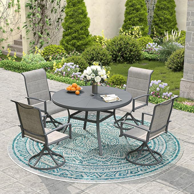 VICLLAX Round Patio Dining Table, 4 Person Aluminum Outdoor Dining Table with Umbrella Hole and Storage Shelf for Garden Lawn Deck, 40.6" Dark Grey