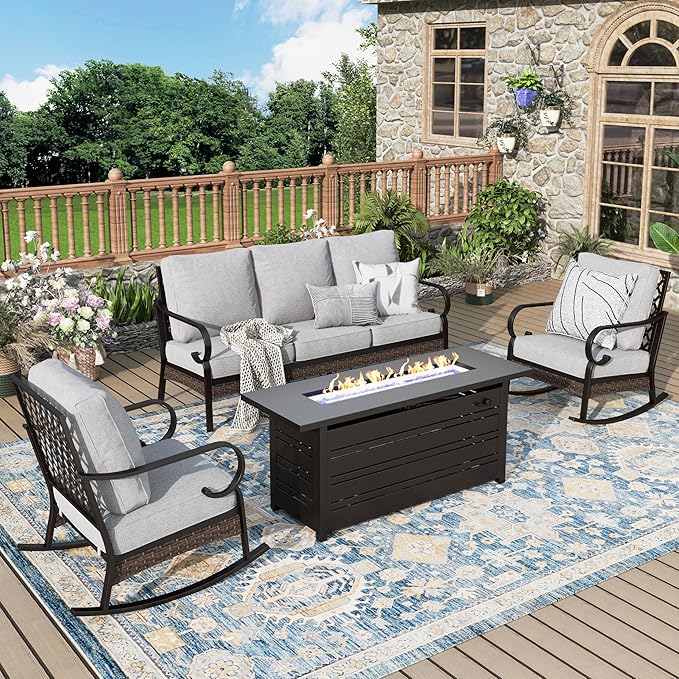 Patio Furniture Set with Firepit Table, Black Frame Outdoor Conversation Set with 2 x Rocking Chairs, 1 x 3-Seat Sofa for Lawn Garden Backyard, Light Grey