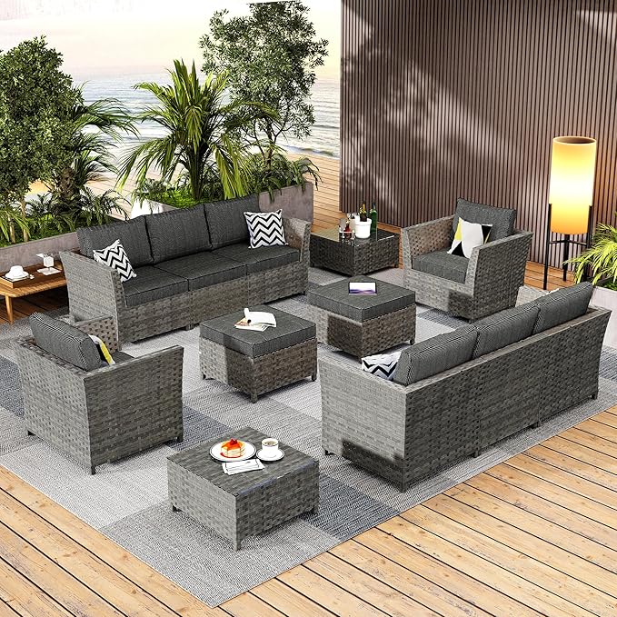 12 Pieces Outdoor Furniture Patio Sectional Sofa Couch Gray PE Wicker Conversation Sets with Ottomans Glass Coffee Table for Garden Poolside Backyard