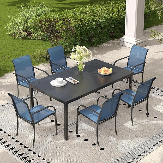 Patio Table and Chairs Set for 6, Outdoor Dining Set with 6 Stackable Dining Chairs and 63"x 37.8" Metal Steel Rectangle Dining Table for Backyard, Lawn, Garden, Dark Blue & Black