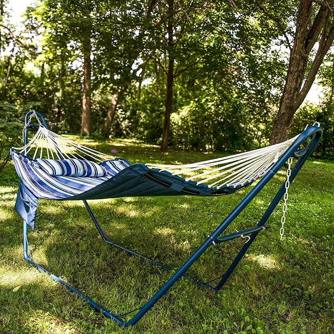 Sunnydaze Quilted Fabric Double Outdoor Hammock - 2-Person Hammock with Metal Curved Spreader Bars - Catalina Beach