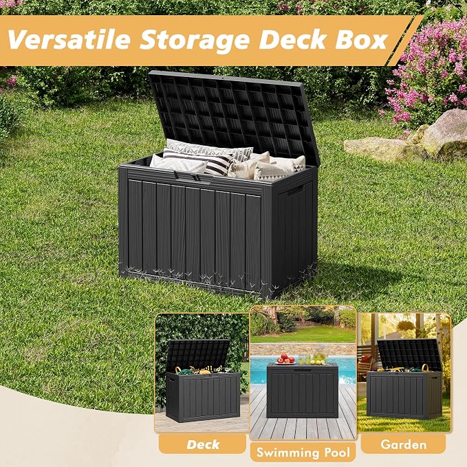 Fancyango 45 Gallon Outdoor Deck Box Waterproof, Storage Box for Patio, Resin Storage Bench Lockable for Garden Tools, Package Delivery, Black