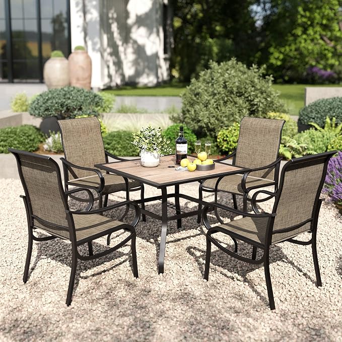 PHI VILLA 5 Pcs Patio Dining Set for 4, Mesh Chairs & Wood-Look Table | 4 textilene dining chairs. 37" PVC square table top w/ umbrella hole, all weather E-coated metal frame for outdoor deck lawn