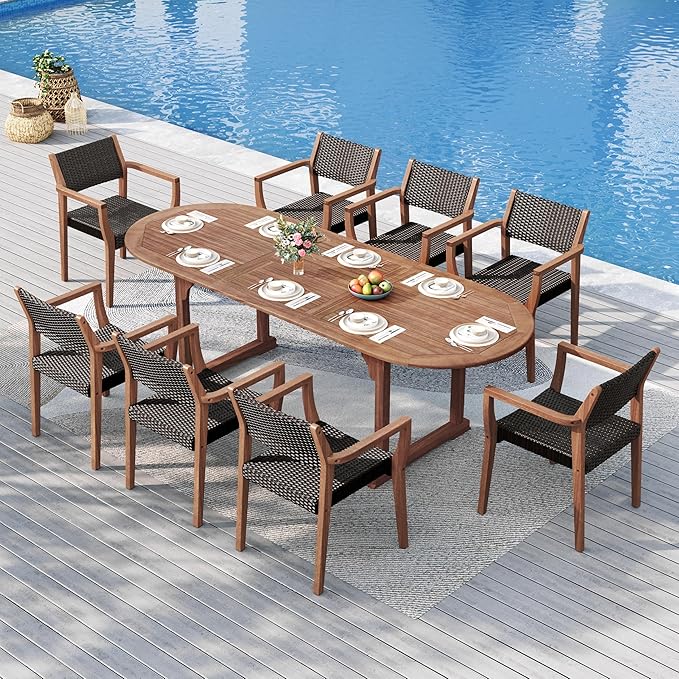 Sophia & William Patio Outdoor Table and Chairs Set, Patio Dining Sets for 8, 9 Pieces Patio Table Set Acacia Wood Table Expandable and Rattan Chairs for Backyard Deck Porch Outside
