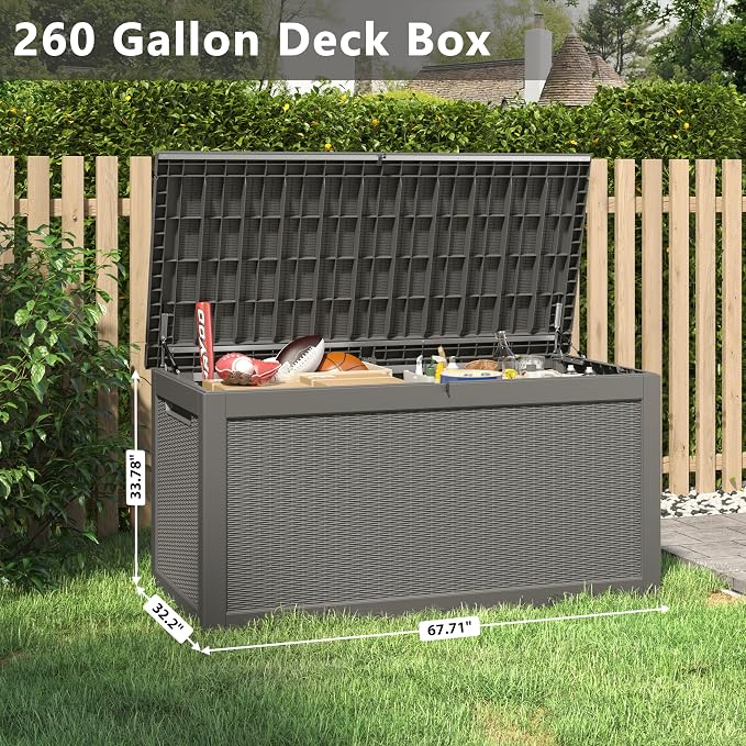 Bifanuo Outdoor Storage Box, 260 Gallon Deck Boxes Waterproof, Resin Storage Cabinet Multi Functional Storage Bench For Gardening Tools, Pool Supplies, Patio Furniture, Lockable