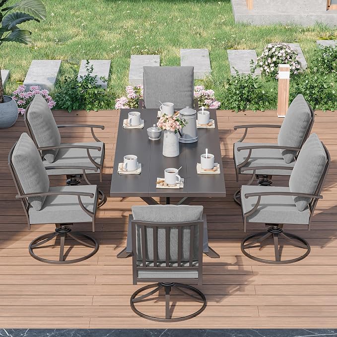 Kurapika 7 Pieces Patio Dining Set Outdoor Furniture with 6 Swivel Chairs, Metal Patio Furniture Set 6 Chairs and Large Table with Umbrella Cutout for Yard Porch Deck, Grey
