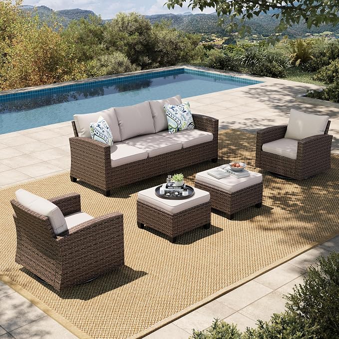 HERA'S HOUSE Wicker Patio Furniture Set, 5 Pieces Outdoor Furniture Set, Deep Seating Patio Conversation Sofa Sets for Lawn Deck Backyard, Blue