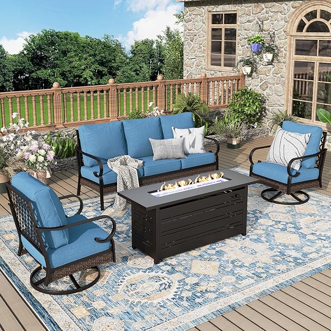 Patio Furniture Set with Fire Pit Table, 4 PCS Metal Outdoor Conversation Set with 5.75'' Extra Thick Cushion, 2 Swivel Chairs, 3-Seat Sofa and Gas Fire Pit Table, Navy Blue