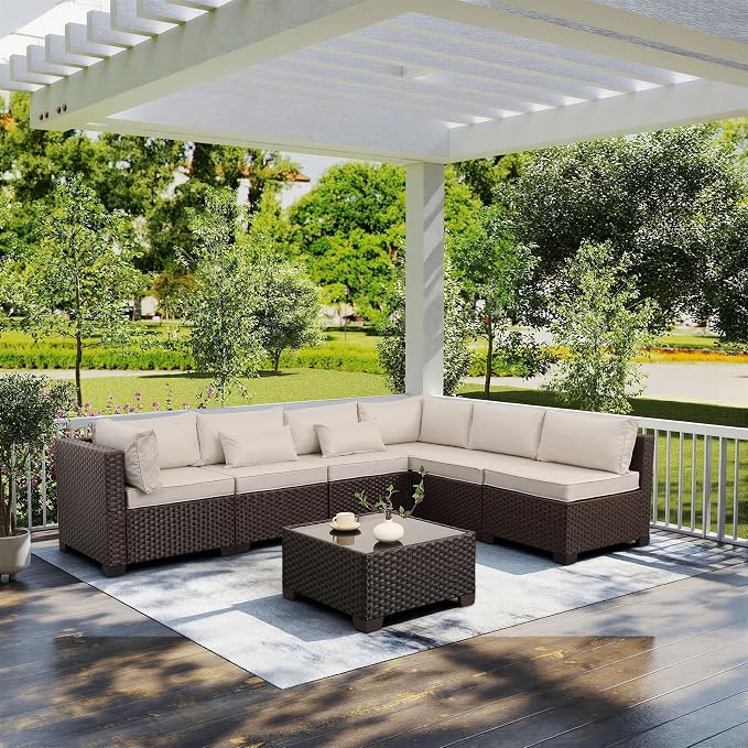 Rattaner 7 Pieces Wicker Patio Furniture Conversation Set Outdoor Sectional Sofa Glass Coffee Table with Non-Slip Cushions and Furniture Cover, Beige
