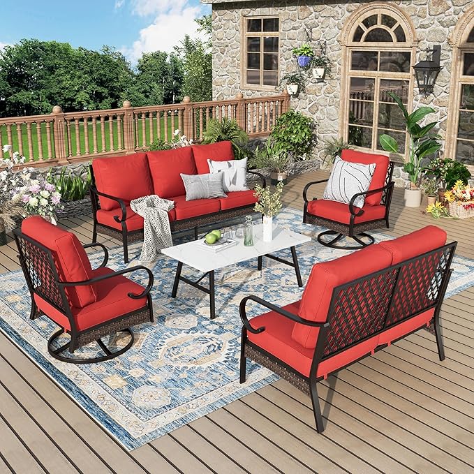 Patio Furniture Set with Coffee Table, Outdoor Conversation Set with 2 x Swivel Chairs, 1 x 2-Seat Sofa, 1 x 3-Seat Sofa for Lawn Garden Backyard, Red