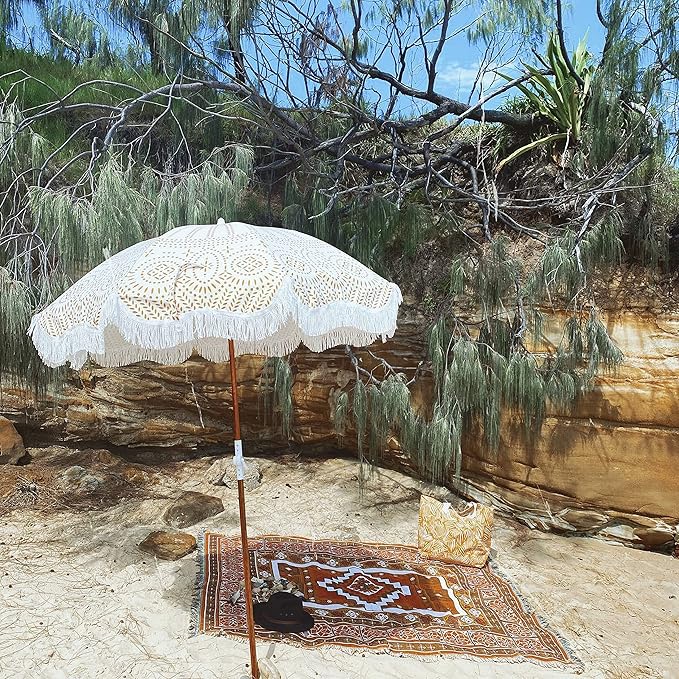 Business & Pleasure Co. Holiday Umbrella - Boho Beach Umbrella with White Fringe, UPF 50+, 1" Tilting Wood Pole, 5’ x 6.5’, Eyelet