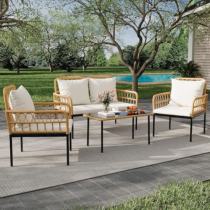 GarveeLife 4 Pieces Patio Furniture Sets Wicker Outdoor Patio Table and Chairs Set with Glass Side Table, Loveseat Chairs, Boho Rattan Conversation Sets for Backyard, Bistro, Apartment, Porch, Beige