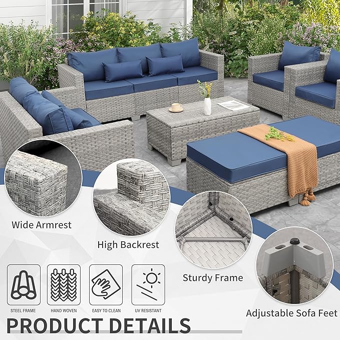 WAROOM Patio Furniture Set 7 Piece Grey Wicker Outdoor Conversation Sets PE Rattan Sectional Sofa with Storage Coffee Table and Anti-Slip Navy Blue Cushion