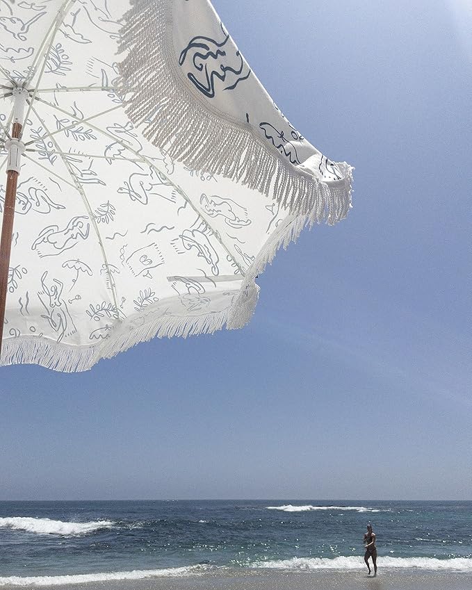 Business & Pleasure Co. Holiday Umbrella - Boho Beach Umbrella with White Fringe, UPF 50+, 1" Tilting Wood Pole, 5’ x 6.5’, Le Basque Navy