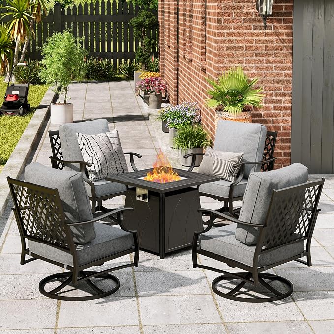 MIXPATIO Patio Furniture Set with Fire Pit Table, 5 Pcs Metal Outdoor Conversation Set, 4 Swivel Chairs with 5.75" Extra Thick Cushion and 28" Fire Pit Table for Backyard Deck, Grey