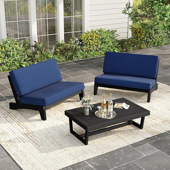 UIXE Black Wood Patio Furniture Sets, 3 Pieces All Weather Patio Loveseat Sofa Outdoor Sectional Futniture Backyard Conversation Set with Solid Wooden Coffee Table - Navy Blue