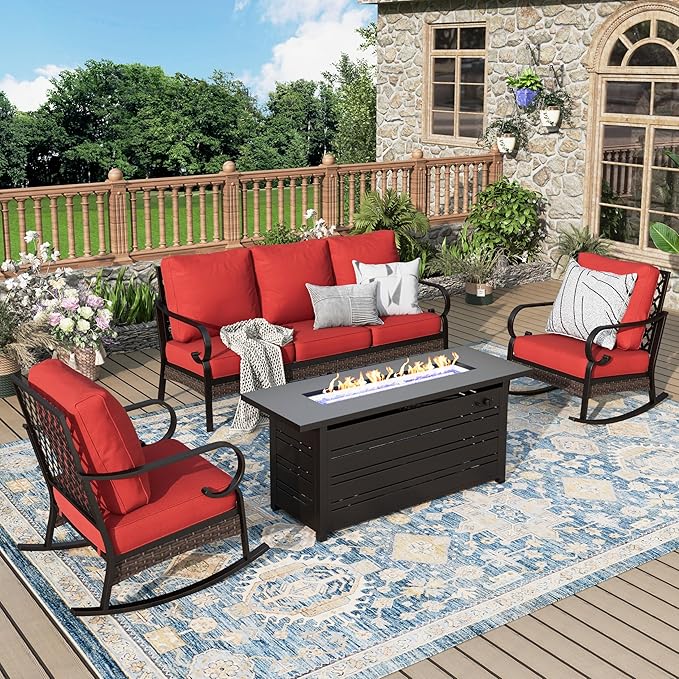 Patio Furniture Set with Firepit Table, Black Frame Outdoor Conversation Set with 2 x Rocking Chairs, 1 x 3-Seat Sofa for Lawn Garden Backyard, Red