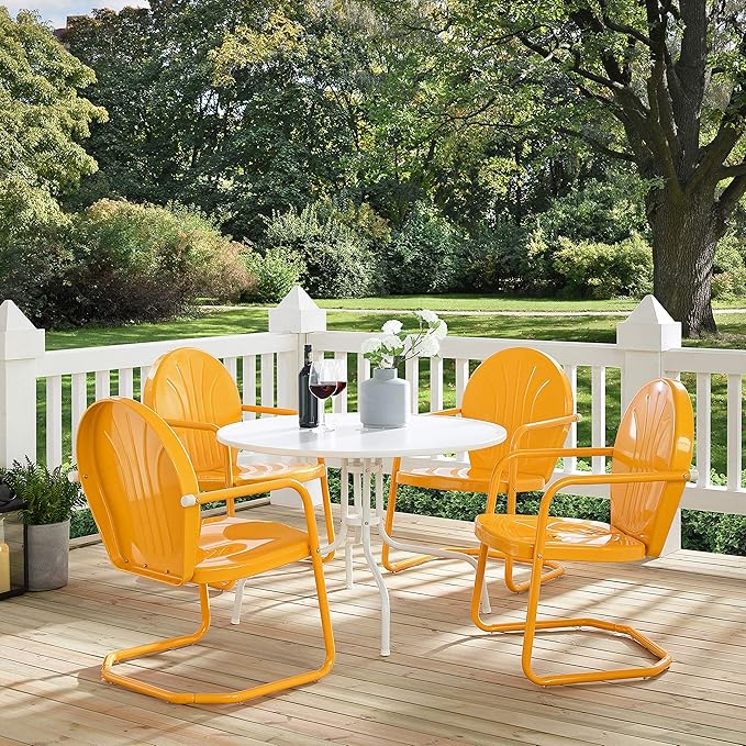 Crosley Furniture Griffith 5-Piece Outdoor Dining Set for 4, Retro Metal Round Patio Table and Chairs, White and Tangerine