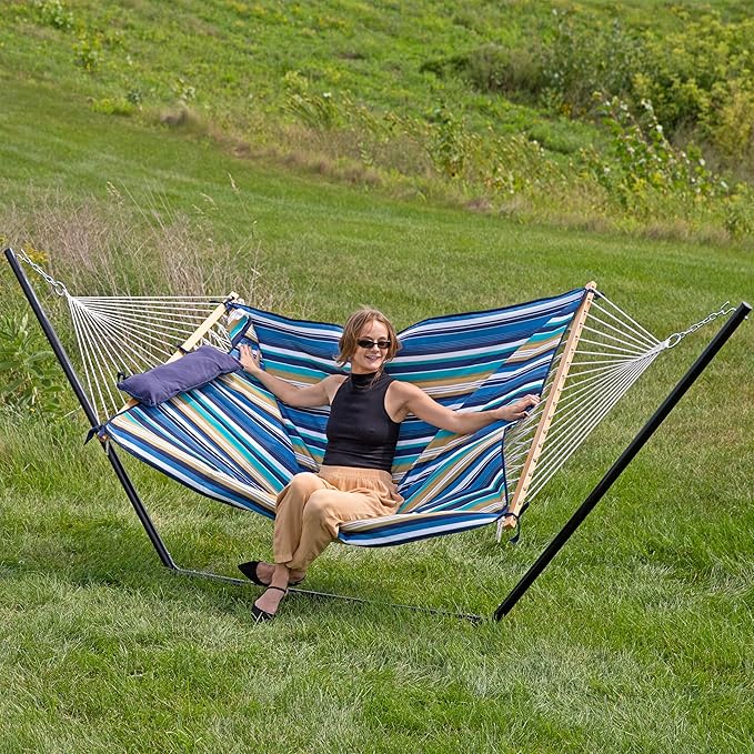 Sunnydaze Rope Hammock with Stand for Outside- 275-Pound Capacity - Includes 12-Foot Hammock Stand, Spreader Bar, Pad, and Pillow - Lakeview