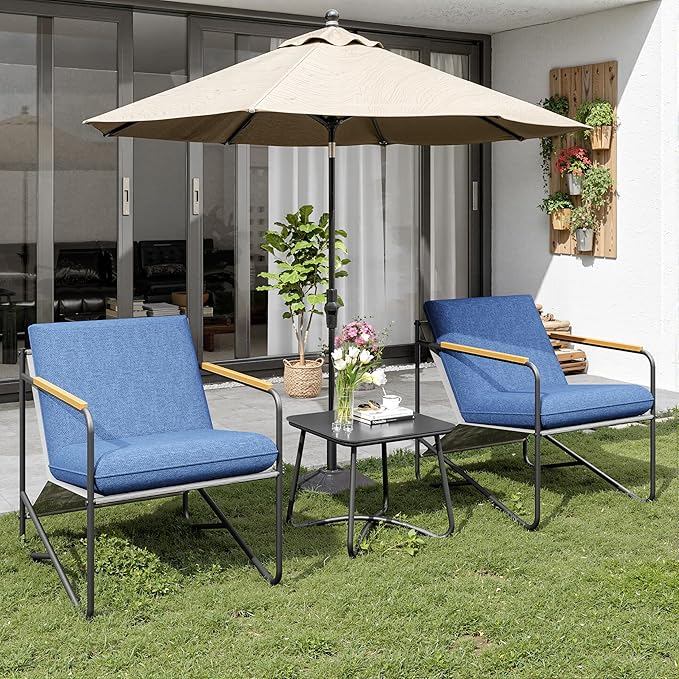 3-Piece Patio Furniture Set, Compact Outdoor Conversation Set with 2 Chairs and Glass Table, Weather-Resistant for Apartment Patio, Small Spaces, Balcony, Backyard – Navy Blue