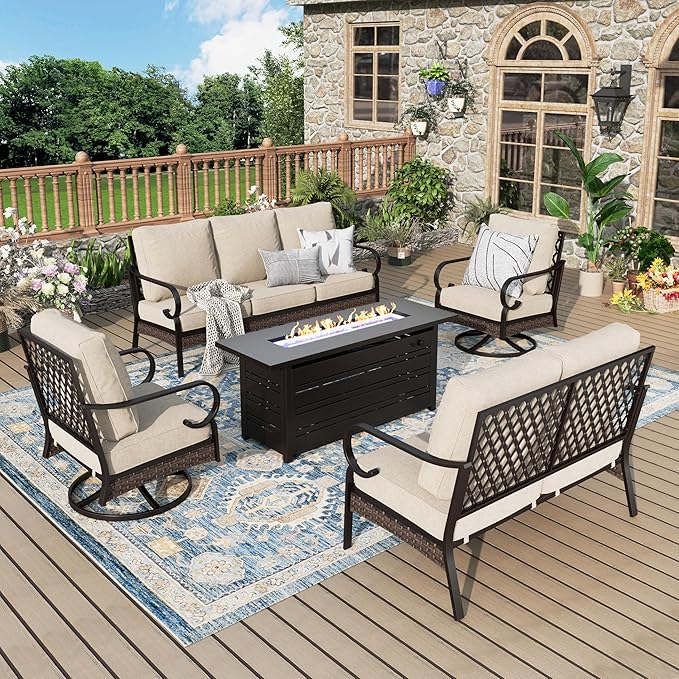 Patio Furniture Set with Fire Pit Table, Metal Outdoor Conversation Set with 5.75'' Extra Thick Cushion, 2 Swivel Chairs, Loveseat Sofa, 3-Seat Sofa and Gas Fire Pit Table, Beige