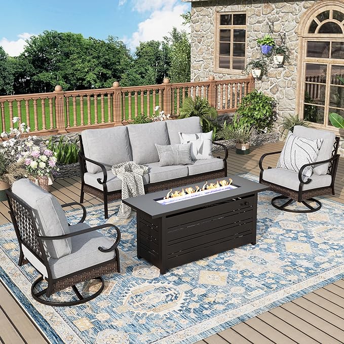 Patio Furniture Set with Fire Pit Table, 4 PCS Metal Outdoor Conversation Set with 5.75'' Extra Thick Cushion, 2 Swivel Chairs, 3-Seat Sofa and Gas Fire Pit Table, Light Grey