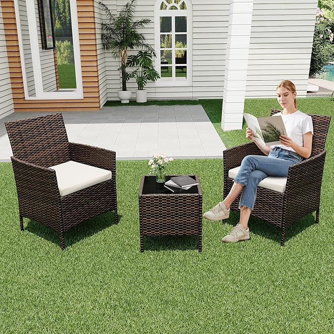 3 Piece Patio Furniture Set, Outdoor Patio Wicker Sofa Set with Upholstery and Glass Storage Coffee Table, All Weather Conversation Rattan Set for Garden, Porch, Lawn, Pool, Brown