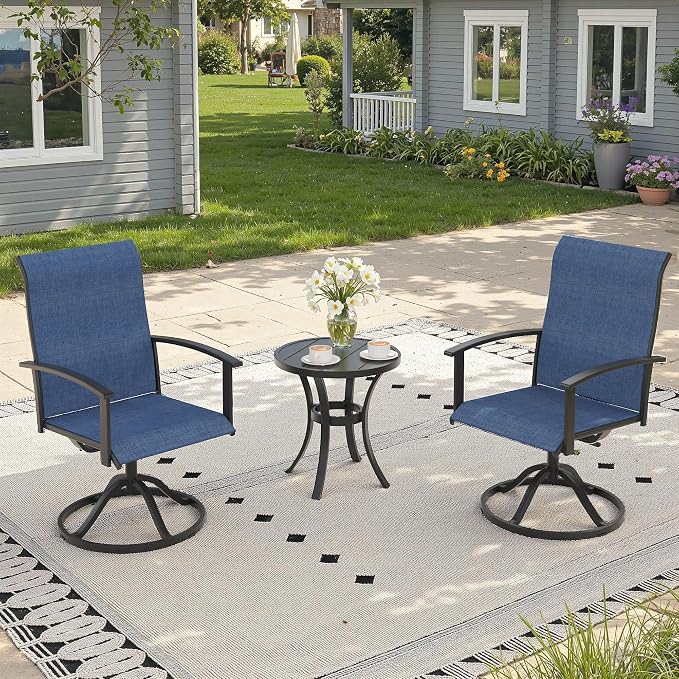 3 Pieces Small Patio Dining Set, Outdoor Furniture of 18.5" Round Patio Side Table & Patio Swivel Chairs for Backyard Lawn Garden, Black Table and Dark Blue Chairs