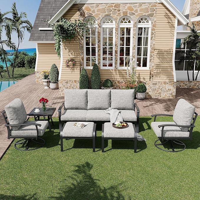 HOMREST Patio Furniture Sets 6 PCS Outdoor Metal Conversation Sets, 360 Degree Swivel Rocking Chairs Patio Conversation Set with Ottomans, Coffee Table and 3-Seat Sofa for Garden, Deck and Poolside