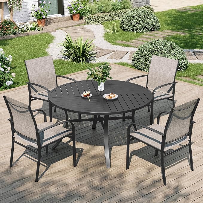 MIXPATIO Patio Table and Chairs Set for 4, 5 Pieces Outdoor Dining Set, 4 Brown Textilene Chairs and 42" Metal Round Table with Umbrella Hole, for Deck Garden Backyard Lawn Poolside