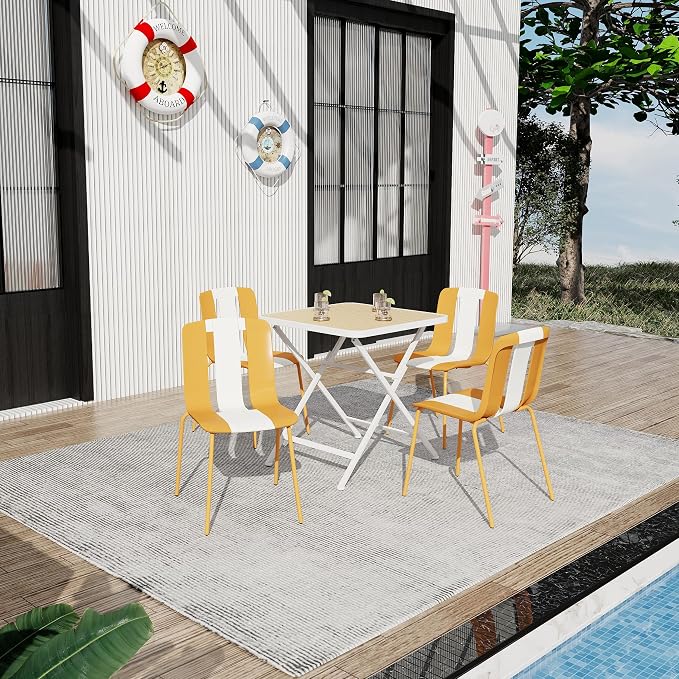 LUMISOL 5 Piece Outdoor Dining Table Set, All Weather Square Table and Chairs Set with Striped Color Block Chairs and Sturdy Metal Legs for Garden, Backyard, Poolside, Beige+Orange+White