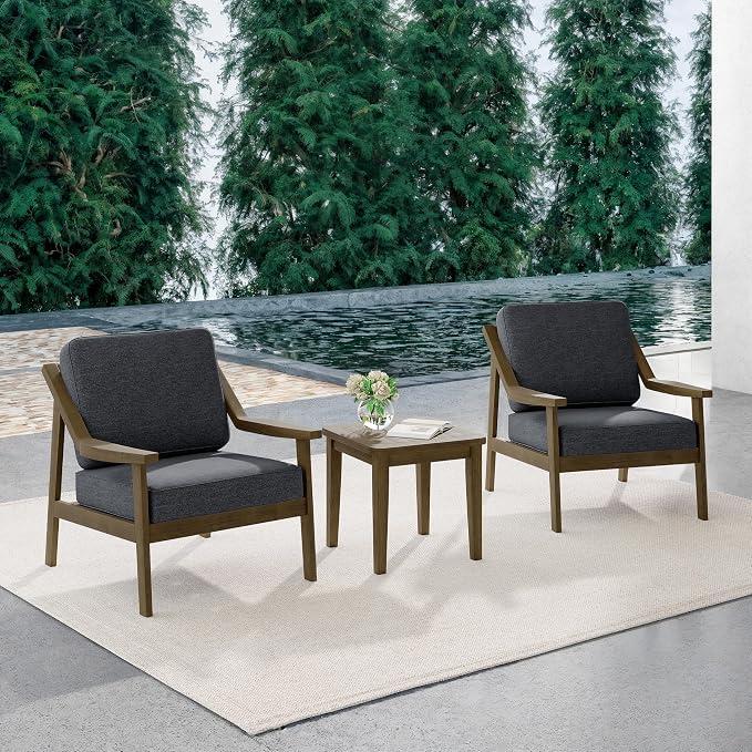 Outdoor Patio Furniture Set, 3 Piece Patio Conversation Sets with Washable Thick Cushions, All-Weather Solid Wood Patio Bistro Set for Porch, Balcony, Natural Frame & Dark Gray Cushion